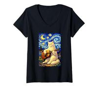 Donna Cute White Cat Playing Guitar Whimsical Art Music Camping Maglietta con Collo a V