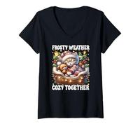Donna Cute Winter Cat Cuddle with Teddy Bear Cozy Christmas Vibes Maglietta con Collo a V