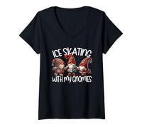 Donna Cute Winter Gnomes for Xmas Ice Skating with My Gnomies Maglietta con Collo a V