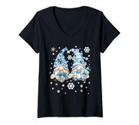 Donna Cute Winter Gnomes with Snowflakes Snowball Decor & Snowman Maglietta con Collo a V