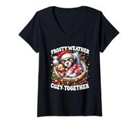 Donna Cute Winter Sayings Christmas Vibes for Shih Tzu Lovers Maglietta con Collo a V