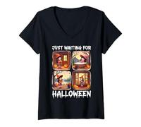 Donna Cute Witch Just Waiting for Halloween Spooky Autumn Maglietta con Collo a V