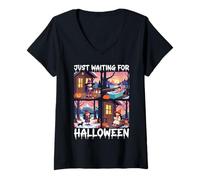 Donna Cute Witch Just Waiting for Halloween Spooky Autumn Maglietta con Collo a V
