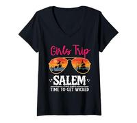 Donna Cute Witch Sunglasses Girls Trip Salem Time to Get Wicked Maglietta con Collo a V