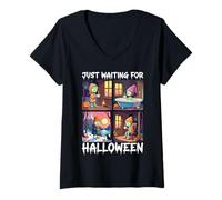 Donna Cute Zombie Just Waiting for Halloween Spooky Autumn Maglietta con Collo a V