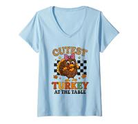 Donna Cutest Turkey at The Table Leopard Bow Thanksgiving for Kids Maglietta con Collo a V