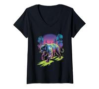 Donna Cyber Panther Night Stride Synthwave Streetwear Futuristico Maglietta con Collo a V