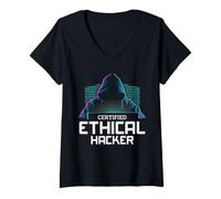 Donna Cyber Security Ethical Hacker Analista IT Design Incappucciato Maglietta con Collo a V