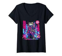 Donna Cyberpunk Frog Samurai Anime Giapponese Katana Warrior Giappone Maglietta con Collo a V