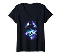 Donna Cyberpunk Ninja Warrior Katana Luna Giapponese Cityscape Maglietta con Collo a V