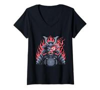 Donna Cyberpunk Samurai Demone Fiery Robot Mask Warrior Black Maglietta con Collo a V