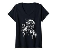 Donna Cyborg Soldier - Vintage Graphic Robot Amante Maglietta con Collo a V