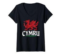 Donna Cymru Pride Bandiera Galles Goch Dragon Vintage Welsh Celtic Love Maglietta con Collo a V
