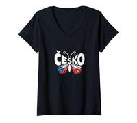 Donna Czech Republic Cesko Butterfly - Bandiera della Repubblica Ceca Colori Souvenir Maglietta con Collo a V