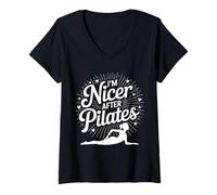 Donna da Donna Divertente I'm Nicer After Pilates Yoga Allenamento Fitness Maglietta con Collo a V