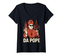 Donna Da Pope Caricatura Divertente Satira Religiosa Umorismo Maglietta con Collo a V