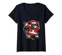 Donna Dabbing Cat Cappello di Babbo Natale Buon Natale Catmas Xmas Maglietta con Collo a V