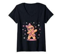 Donna Dabbing Gingerbread Natale Leopardo Rosa Coquette Bow Girl Maglietta con Collo a V