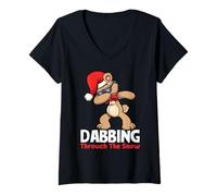 Donna Dabbing Teddy Bear Natale Dabbing Attraverso la Neve Maglietta con Collo a V