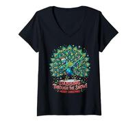 Donna Dabbing Through The Snow Funny Peacock Christmas Bird Maglietta con Collo a V