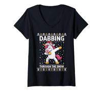 Donna Dabbing Through The Snow Unicorno Cappello di Babbo Natale Dab Maglietta con Collo a V