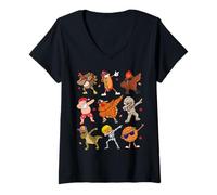 Donna Dabbing Turkey Santa Pilgrim Thanksgiving Graphic Funny Dab Maglietta con Collo a V