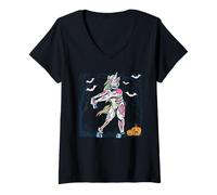 Donna Dabbing Unicorno Scheletro Divertente Halloween Dab Dance Magical Maglietta con Collo a V