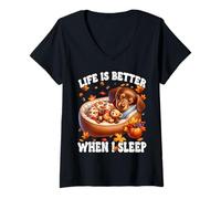 Donna Dachshund Dad Fall Puppy for Mom Funny Autumn Sleep Saying Maglietta con Collo a V