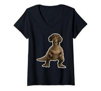Donna Dachshund Wiener Dog T Rex Dinosaursaur Divertente Maglietta con Collo a V