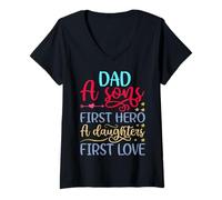 Donna Dad A Sons First Hero A Daughters First Love Camicia Uomo papà Maglietta con Collo a V