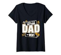 Donna Dad Can Fix Anything Funny Daddy WiFi Humor Graphic Maglietta con Collo a V
