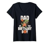 Donna Dad of The Birthday Boy T-Rex Dino Basket Compleanno Maglietta con Collo a V