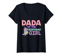 Donna Dada of The Birthday for Girl Saurus Rex Dinosaur Party Maglietta con Collo a V