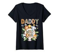 Donna Daddy of The Wild One First Birthday Safari Animale della Giungla Maglietta con Collo a V