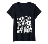 Donna Dad's Temper Mom's Attitude Divertente Famiglia Personalità Umorismo Maglietta con Collo a V