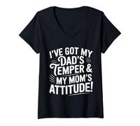 Donna Dad's Temper Mom's Attitude Divertente Famiglia Personalità Umorismo Maglietta con Collo a V