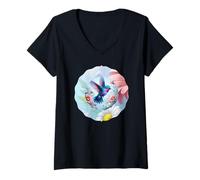 Donna Daisy Hummingbird Flower Pink White Floral Humming Bird Blue Maglietta con Collo a V