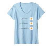Donna Daisy Plant Peace Love Smile Common Daisy Flower Maglietta con Collo a V