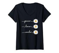 Donna Daisy Plant Peace Love Smile Common Daisy Flower Maglietta con Collo a V