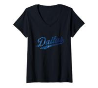 Donna Dallas Texas Classic Blue Vintage Distressed Style Weathered Maglietta con Collo a V