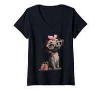 Donna Dalmata Cucciolo Kawaii Cane Personaggio Rosa Leopardato Occhiali Maglietta con Collo a V