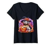 Donna Dalmatian Dog Halloween Graphic with Spooky Pumpkin Face Maglietta con Collo a V