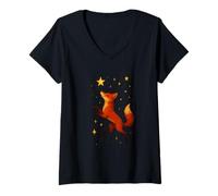 Donna Dancing Fox Under Stars Giocoso Woodland Night Scene Art Maglietta con Collo a V