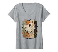 Donna Dancing Ghost Skeleton Rock Hand, Arte di Halloween Maglietta con Collo a V