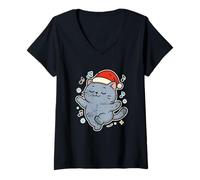 Donna Dancing Santa Cat con Note Musicali Maglietta con Collo a V