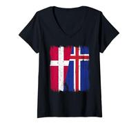 Donna Danimarca Islanda Half Flag Maglia danese Islandese Maglietta con Collo a V