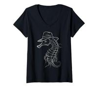 Donna Dapper Seahorse Fedora Cappello Oceano Animal Design Maglietta con Collo a V