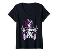 Donna Dark Alt Skeleton Rock Hand Cute Spooky Estetica Maglietta con Collo a V