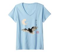 Donna Dark Bat Japanese Ink Wash Traditional Asian Art Maglietta con Collo a V