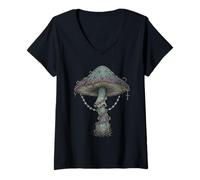 Donna Dark Botanical Mushroom Illustration Maglietta con Collo a V